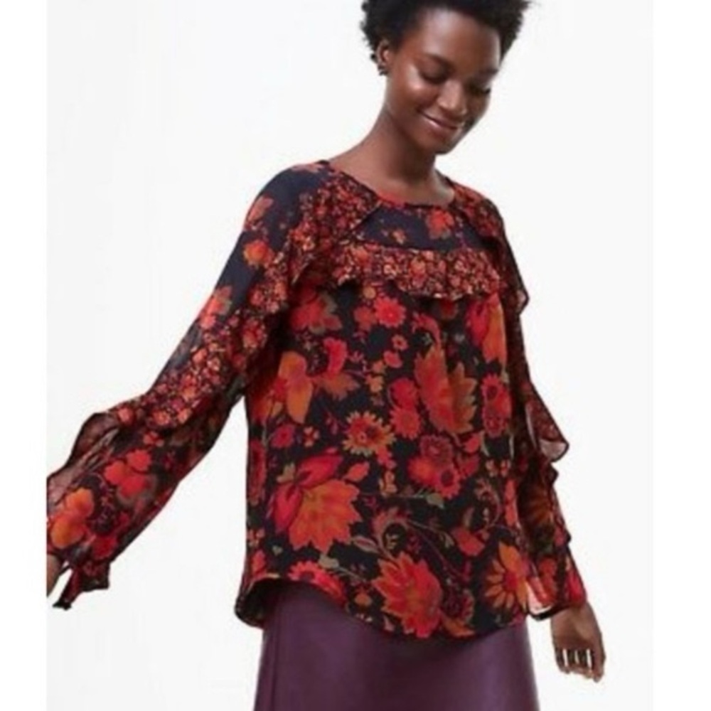 Loft floral ruffle sleeve blouse size small